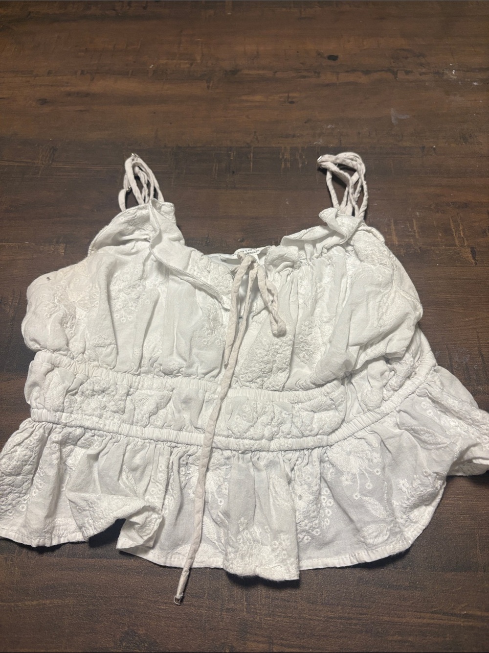 Women’s White Eyelet Ruffle Camisole Top with Braided Straps